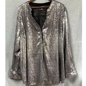 Denim 24/7 Womens 30W Silver Sequin Tunic Blouse Plus Size Party Glam